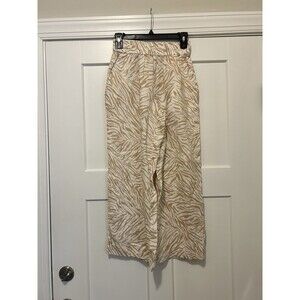 Nicole Miller Animal Print Linen Pull On Pants Elastic Waist Pockets Size XS Tan